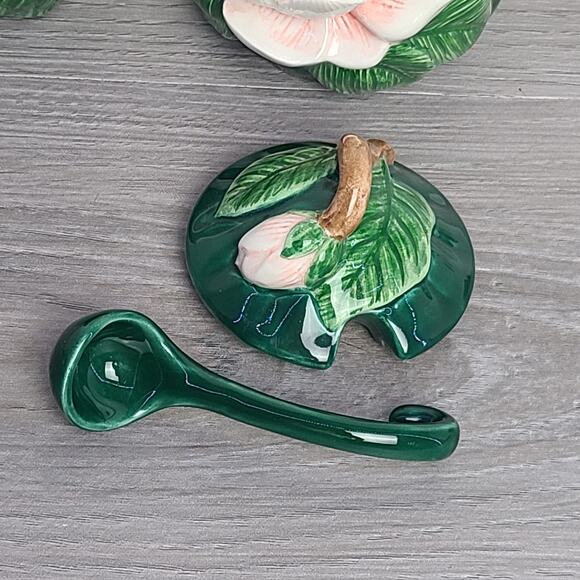 Fitz & Floyd Magnolia Blossom Cream Sugar with Lid Spoon 1995 - Picture 4 of 7
